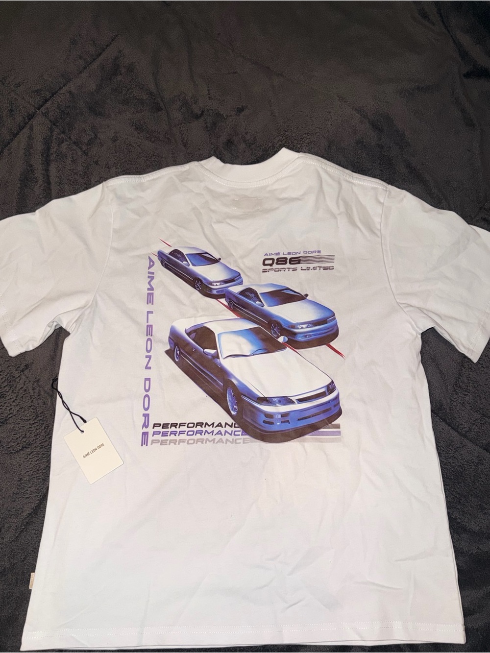 Aime Leon Dore White Short-Sleeve Tee with Blue Car Graphic